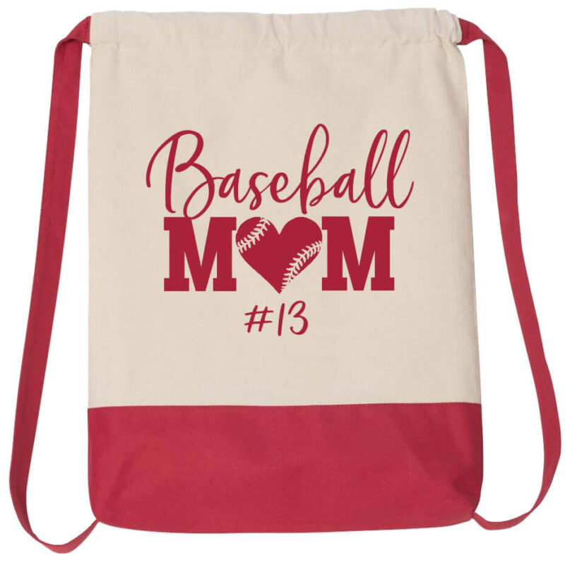 Baseball Mom Cinch Bag with Heart & Number