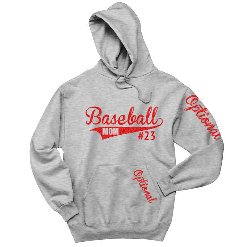 Custom baseball mom hoodie personalized with the player's number in the tail of "Mom".